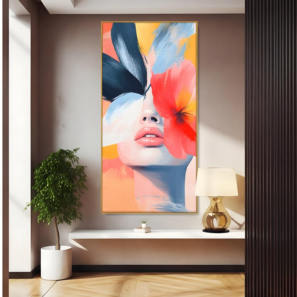 Tablou canvas cu tablou canvas cu fata de femeie si flori pictate, in rama de aluminiu auriu